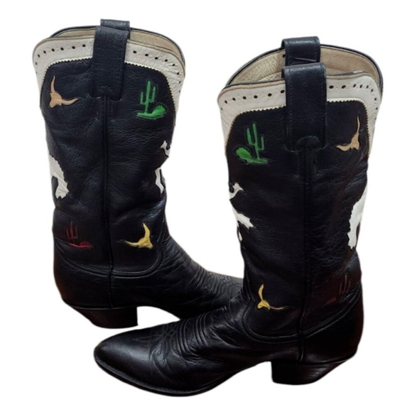 Larry Mahan Vintage Rare Rodeo Black White Red Cowgirl Cowboy Western Boots 7 B - Picture 9 of 16